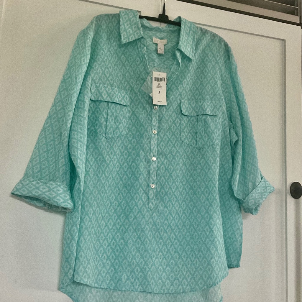 Chico’s Ikat Print Aqua Summer Blouse Top New Shirt Linen Cotton Nwt 14/16